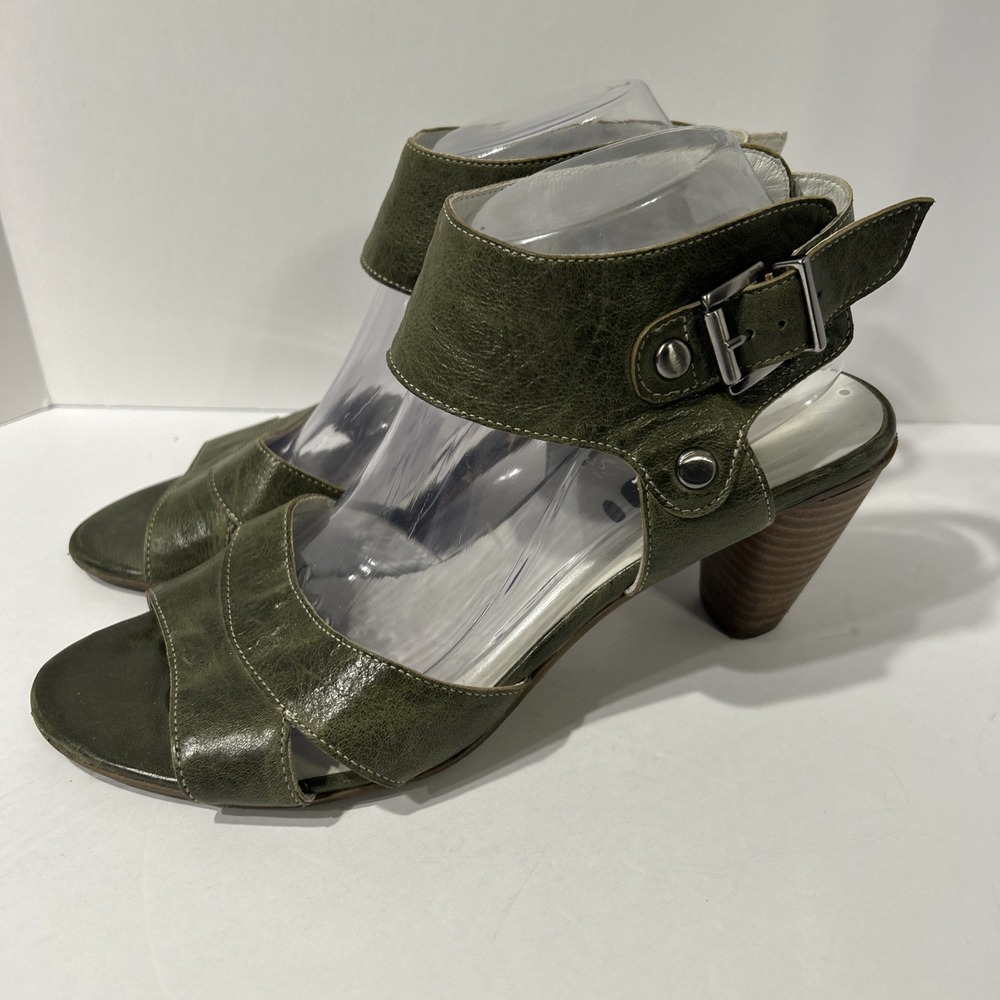 Fidji Womens Olive Green Leather Sandals Ankle Strap  US 10 Stacked Heel